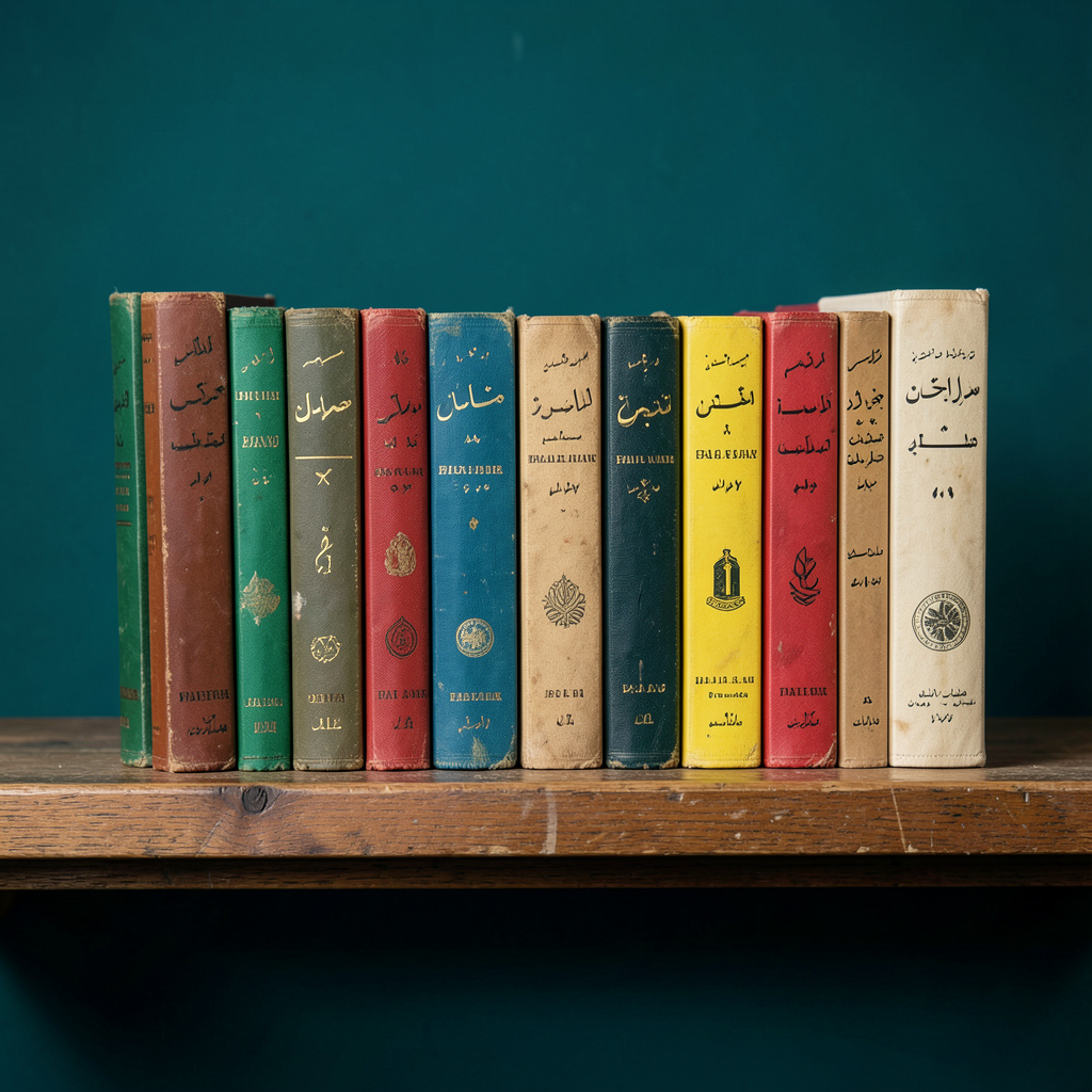 صورة لمجموعة من الكتب المدرسية الجزائرية القديمة مرتبة على رف خشبي، بأغلفة ملونة باهتة تظهر عليها عناوين بالعربية والفرنسية