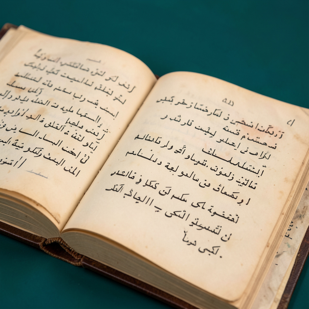 صورة مقربة لكتاب مدرسي جزائري قديم مفتوح على صفحة بها نصوص عربية، بألوان دافئة وورق مصفر