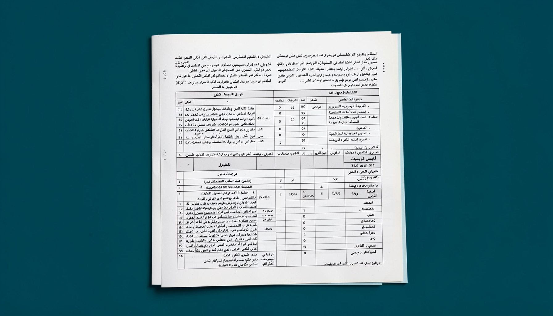 وثيقة برامج رسمية مطبوعة على ورق مصفر، بنص أسود كثيف مع جداول منظمة