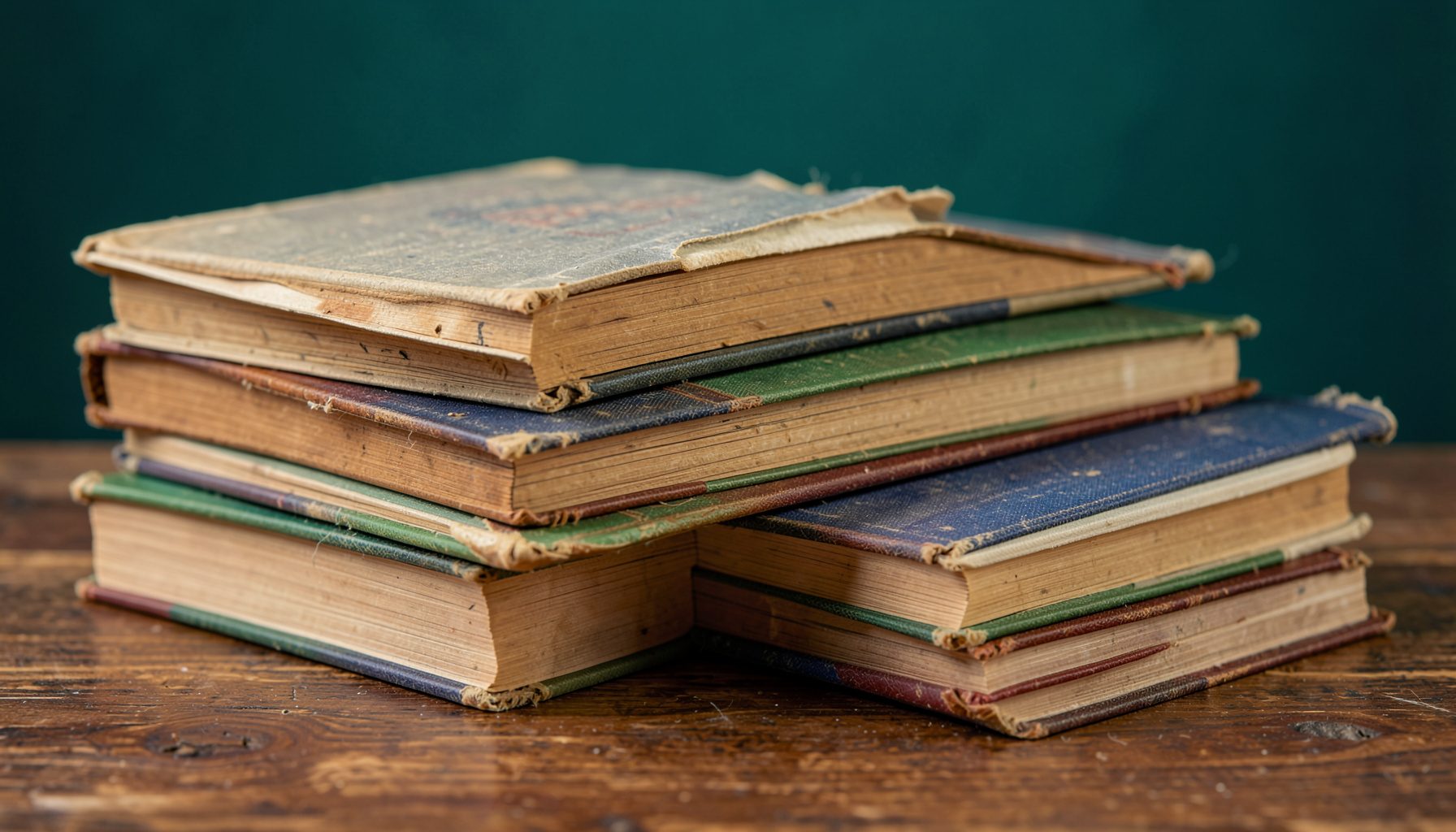 صورة مقربة لكتب مدرسية جزائرية قديمة مكدسة على طاولة خشبية، بأغلفة باهتة تتراوح ألوانها بين الأصفر الكريمي والأخضر الزيتوني والأزرق الرمادي، مع إضاءة دافئة ناعمة تبرز ملمس الورق العتيق