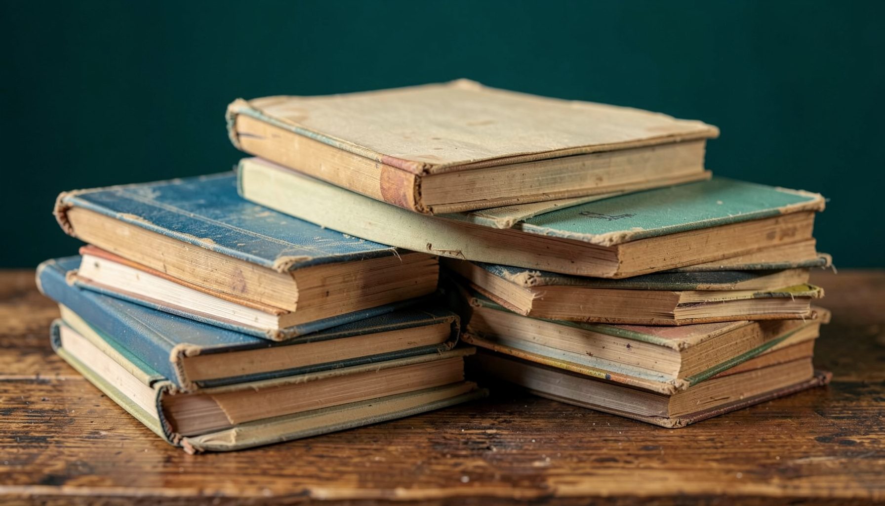 صورة مقربة لكتب مدرسية جزائرية قديمة مكدسة على طاولة خشبية، بأغلفة باهتة باللونين البيج والأزرق الفاتح، في إضاءة دافئة وهادئة